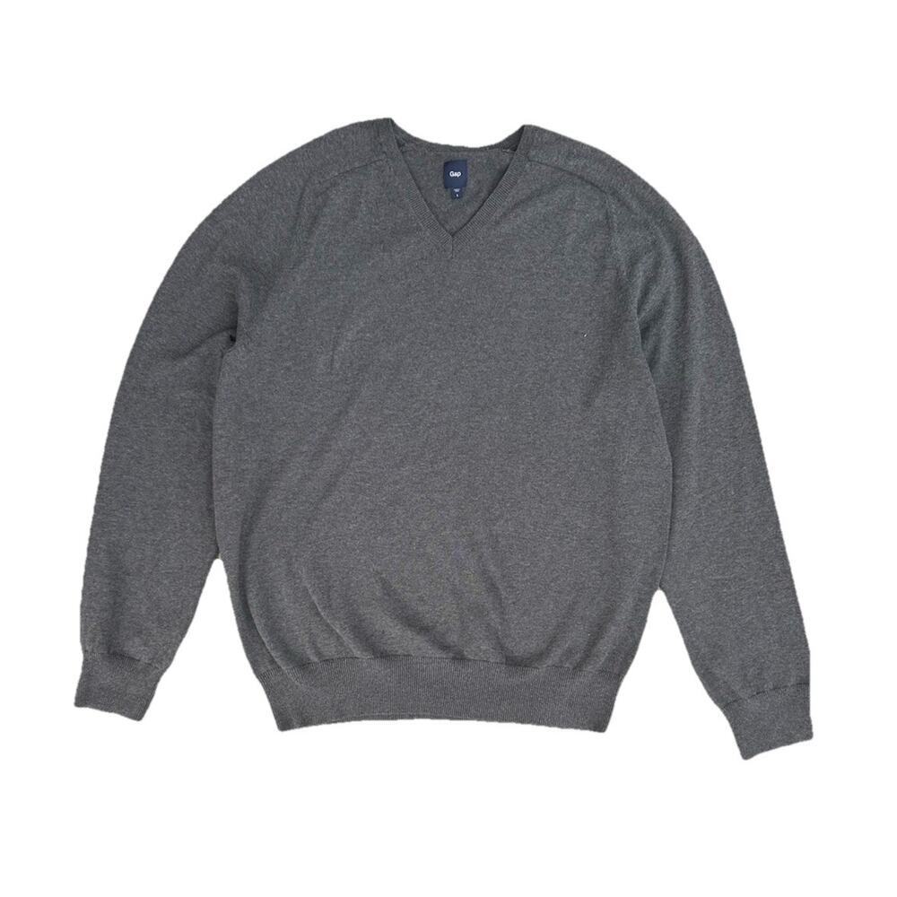 Gap Men’s Pullover Sweater Sz L Gray V-neck Long Sleeves 100% Cotton
